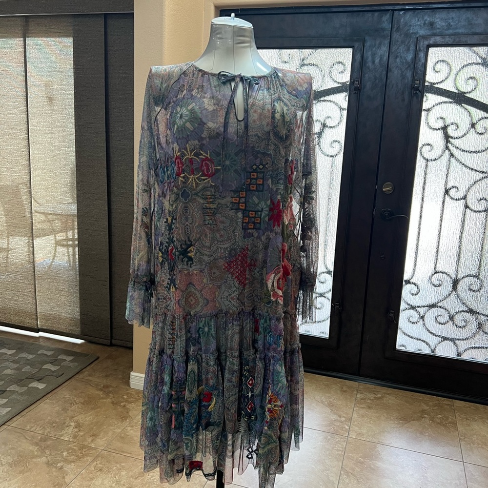 Johnny Was NWT layered embroidered mesh dress size L.